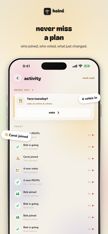 The koinē activity feed showing who voted, who joined, and who RSVP’d across the group’s plans.