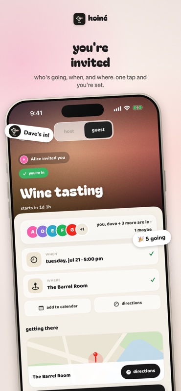 The koinē invite a guest opens: who invited you, five friends already in, the time and place, and one tap to add it to your calendar or get directions.