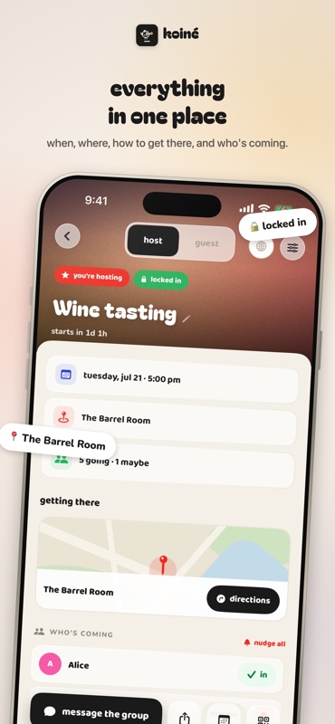 A locked-in koinē plan for a wine tasting at The Barrel Room, showing the time, the place, a map for getting there, and who is coming.