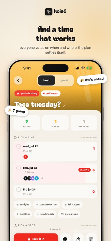 A koinē poll for “Taco tuesday?” with seven going, and the group voting between Wednesday, Thursday, and Friday. Thursday is leading.