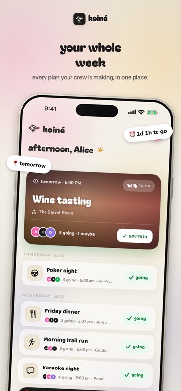The koinē home screen listing every plan the group has made: a wine tasting tomorrow, then poker night, Friday dinner, a morning trail run, and karaoke.